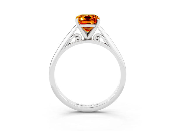 White gold Emerald Cut Citrine Solitaire Engagement Ring with Cathedral Setting and Four-Prong Mount