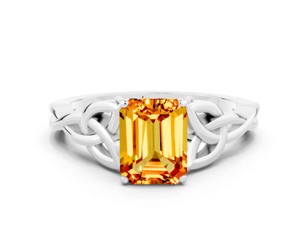 Platinum Emerald Cut Citrine Solitaire Engagement Ring with Celtic Knot Band and Four-Prong Setting