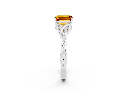 White gold Emerald Cut Citrine Solitaire Engagement Ring with Celtic Knot Band and Four-Prong Setting_2