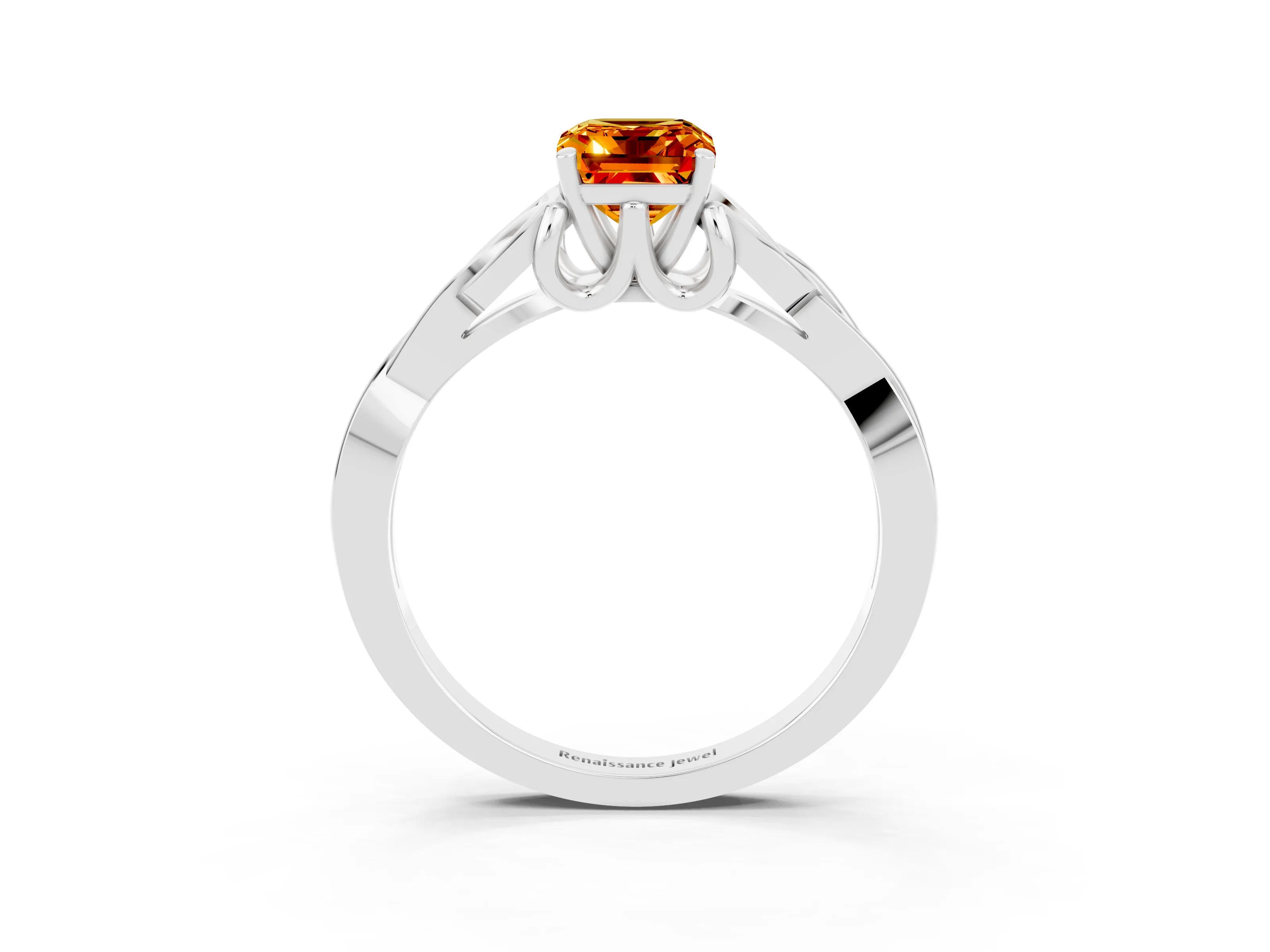 White gold Emerald Cut Citrine Solitaire Engagement Ring with Celtic Knot Band and Four-Prong Setting_3