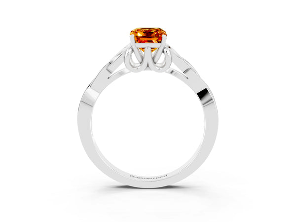 Silver Emerald Cut Citrine Solitaire Engagement Ring with Celtic Knot Band and Four-Prong Setting