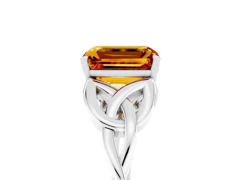 White gold Emerald Cut Citrine Solitaire Engagement Ring with Celtic Knot Band and Four-Prong Setting_5