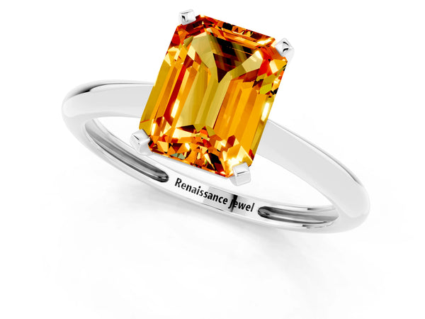White gold Emerald Cut Citrine Solitaire Engagement Ring with Classic Band and Four-Prong Setting