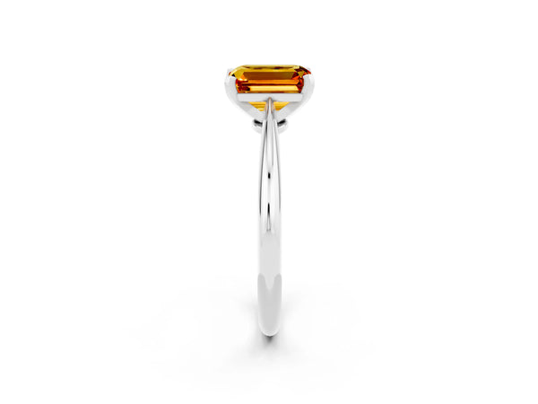 White gold Emerald Cut Citrine Solitaire Engagement Ring with Classic Band and Four-Prong Setting