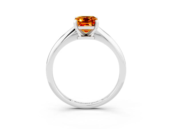 White gold Emerald Cut Citrine Solitaire Engagement Ring with Classic Band and Four-Prong Setting