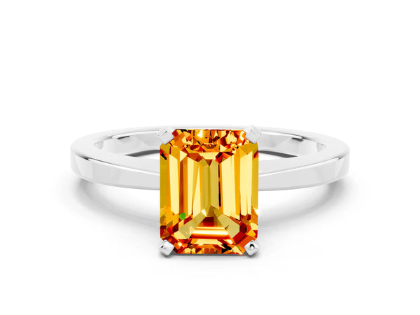 Platinum Emerald Cut Citrine Solitaire Engagement Ring with Classic Band and Four-Prong Setting
