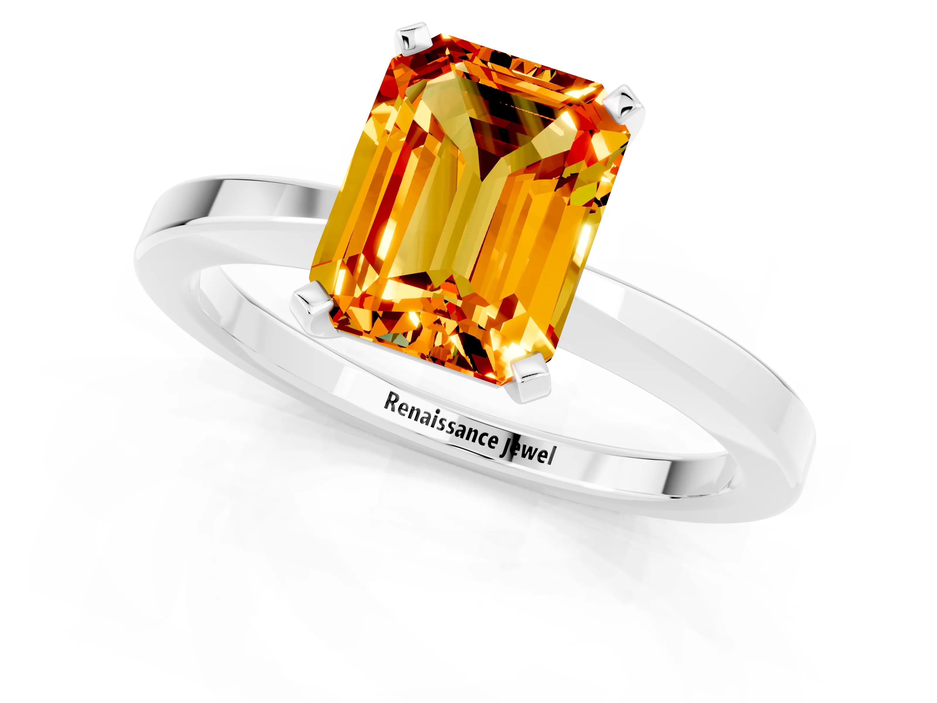 White gold Emerald Cut Citrine Solitaire Engagement Ring with Classic Band and Four-Prong Setting_25