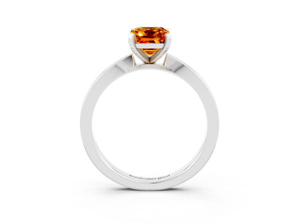 White gold Emerald Cut Citrine Solitaire Engagement Ring with Classic Band and Four-Prong Setting