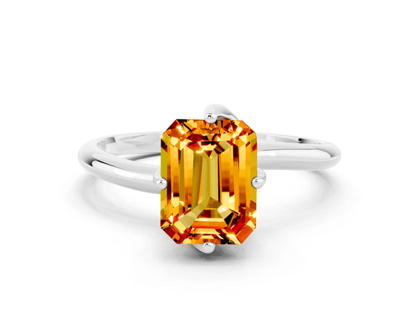 White gold Emerald Cut Citrine Solitaire Engagement Ring with Four-Prong Setting and Classic Band