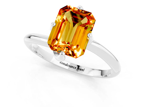 Platinum Emerald Cut Citrine Solitaire Engagement Ring with Four-Prong Setting and Classic Band