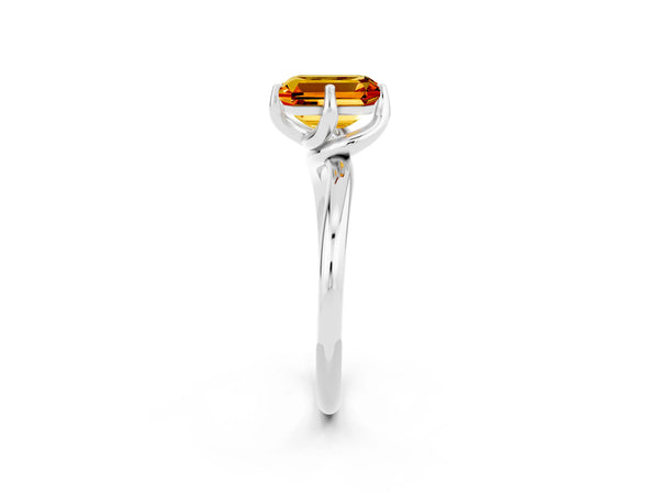 White gold Emerald Cut Citrine Solitaire Engagement Ring with Four-Prong Setting and Classic Band