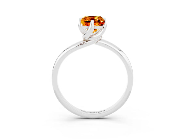 Platinum Emerald Cut Citrine Solitaire Engagement Ring with Four-Prong Setting and Classic Band