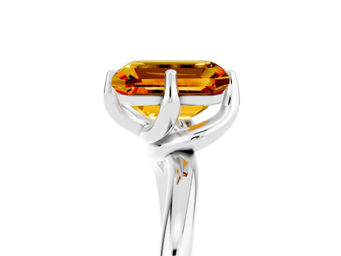 White gold Emerald Cut Citrine Solitaire Engagement Ring with Four-Prong Setting and Classic Band_40