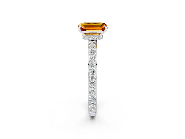 Platinum Emerald Cut Citrine Solitaire Engagement Ring with Pavé Band and Four-Prong Setting