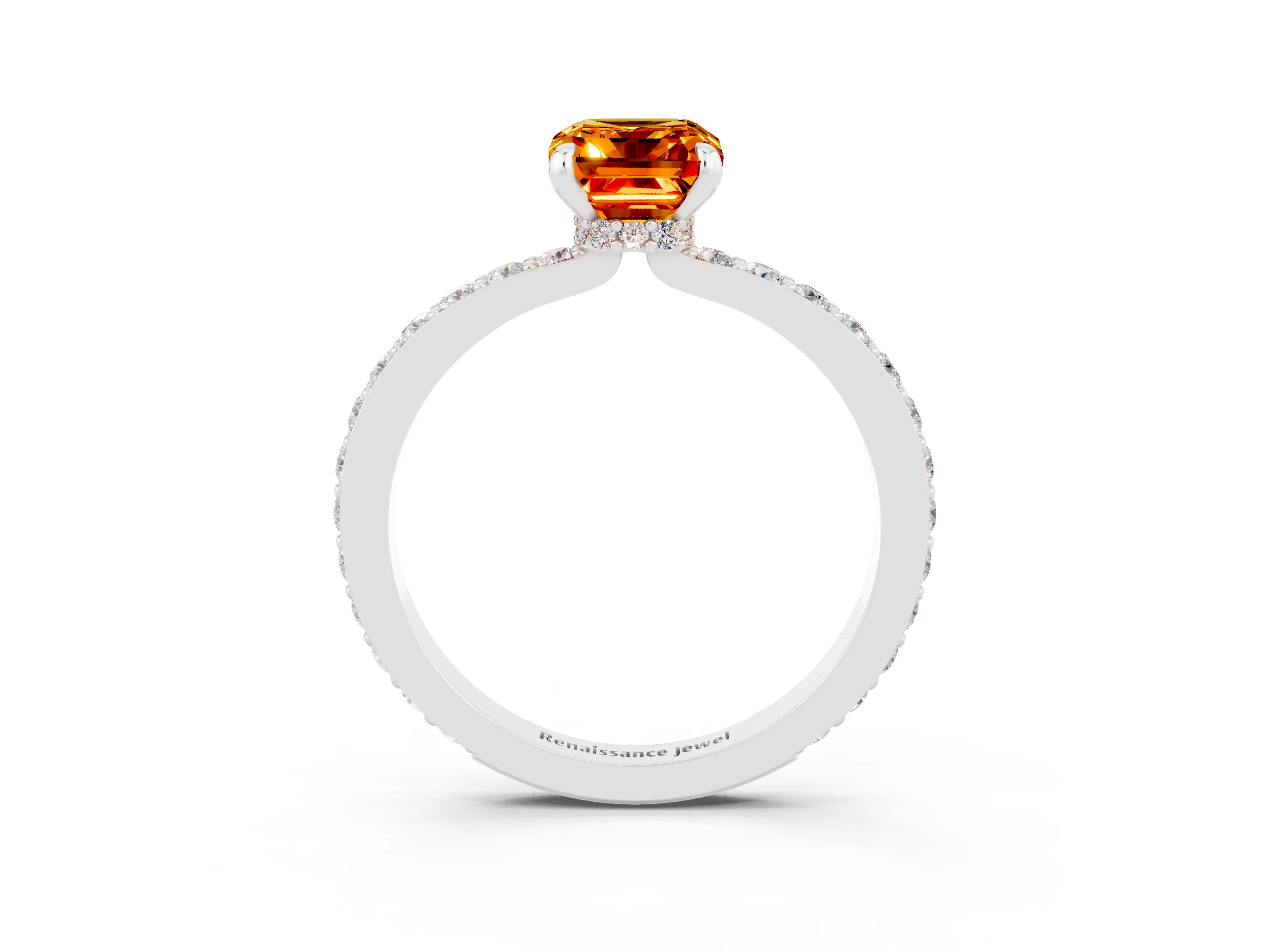 White gold Emerald Cut Citrine Solitaire Engagement Ring with Pavé Band and Four-Prong Setting_3