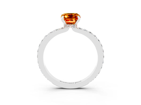 White gold Emerald Cut Citrine Solitaire Engagement Ring with Pavé Band and Four-Prong Setting