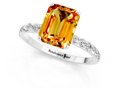 White gold Emerald Cut Citrine Solitaire Engagement Ring with Pavé Band and Prong Setting_1