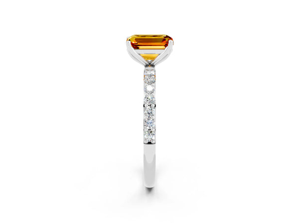 Platinum Emerald Cut Citrine Solitaire Engagement Ring with Round  Pavé Band and Prong Setting