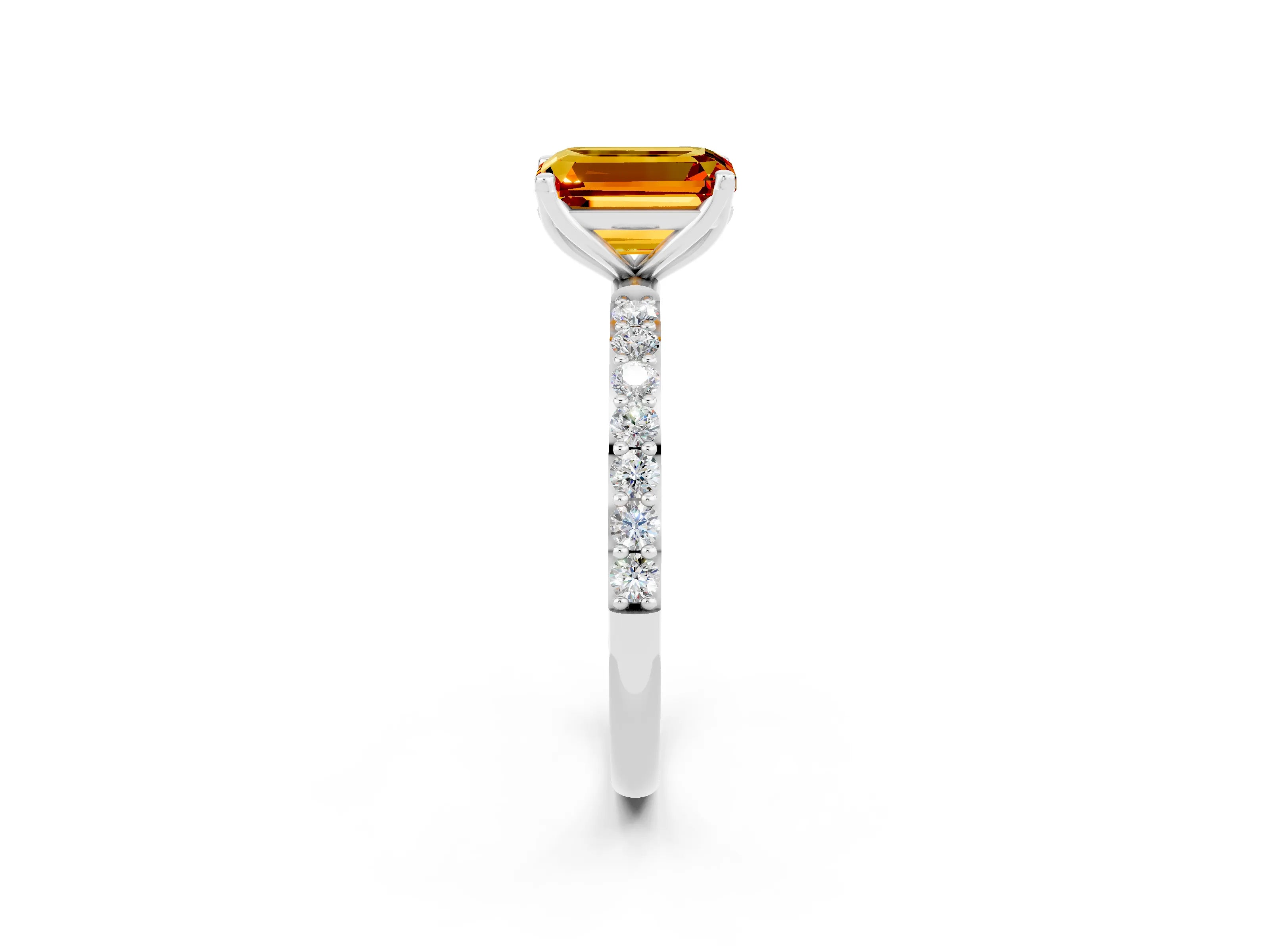 White gold Emerald Cut Citrine Solitaire Engagement Ring with Pavé Band and Prong Setting_2