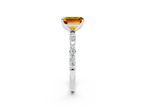 White gold Emerald Cut Citrine Solitaire Engagement Ring with Pavé Band and Prong Setting_2