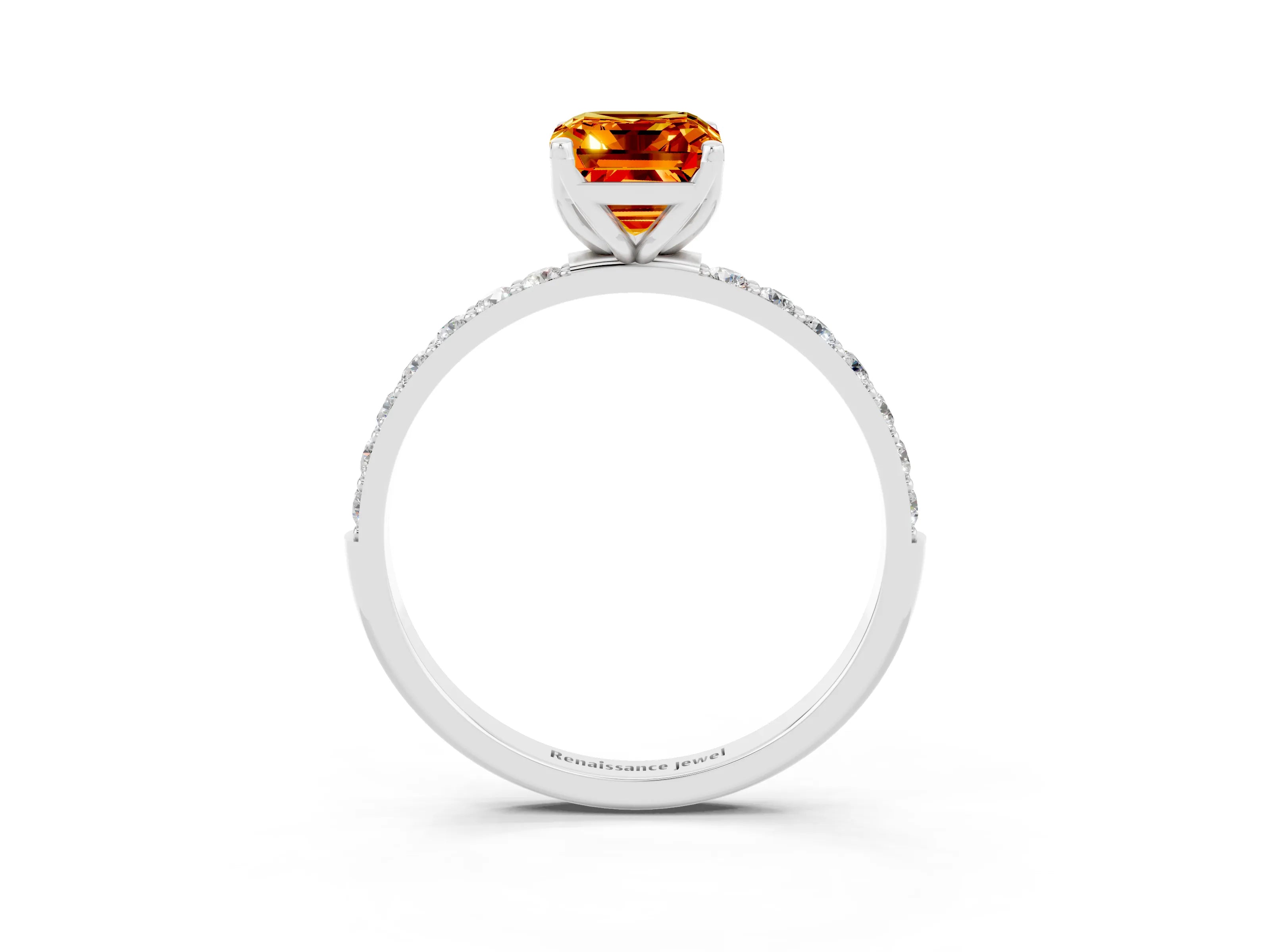 White gold Emerald Cut Citrine Solitaire Engagement Ring with Pavé Band and Prong Setting_3