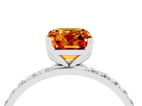 White gold Emerald Cut Citrine Solitaire Engagement Ring with Pavé Band and Prong Setting_4