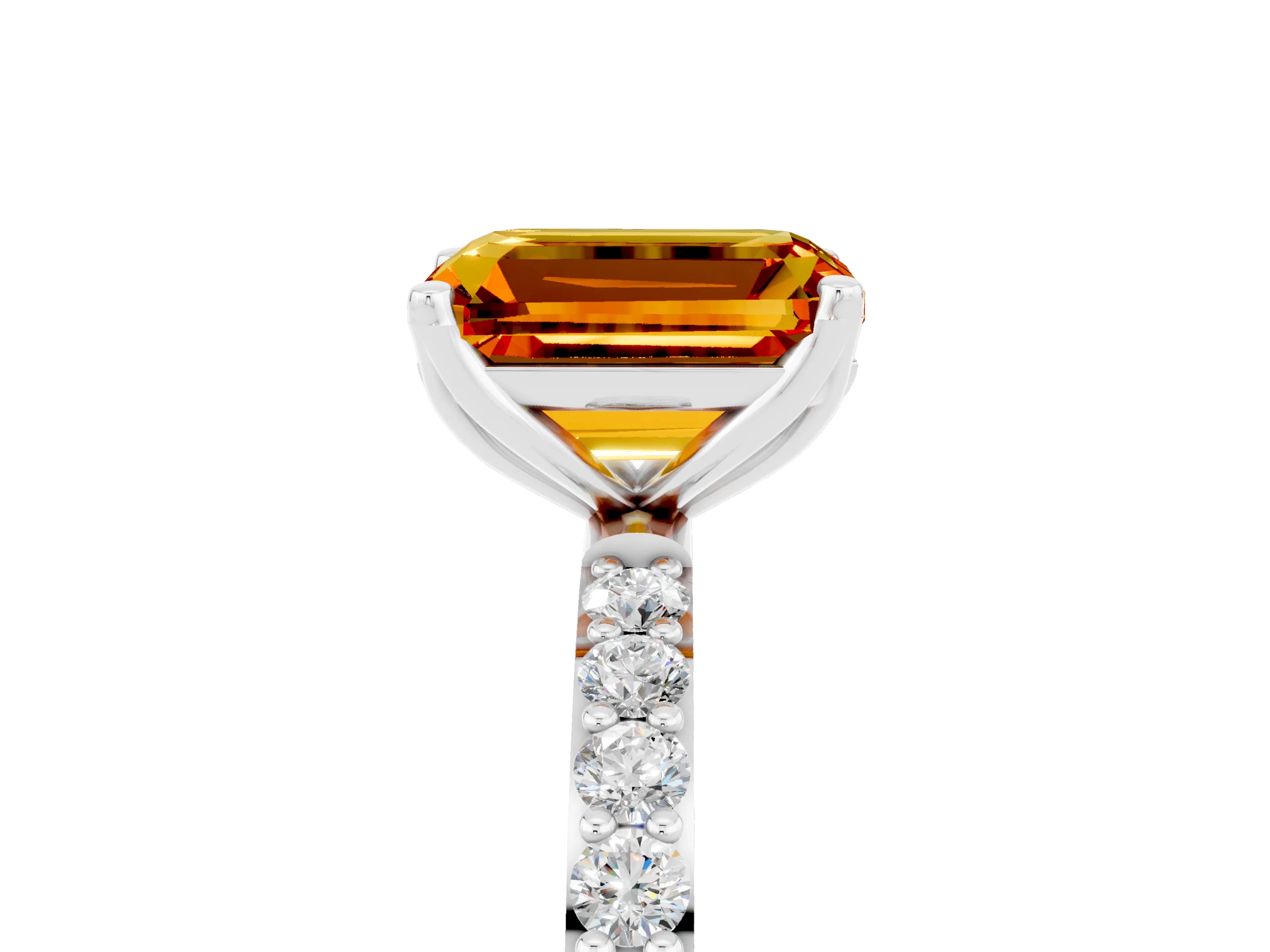 White gold Emerald Cut Citrine Solitaire Engagement Ring with Pavé Band and Prong Setting_5