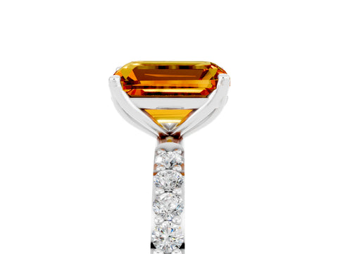 White gold Emerald Cut Citrine Solitaire Engagement Ring with Pavé Band and Prong Setting_5