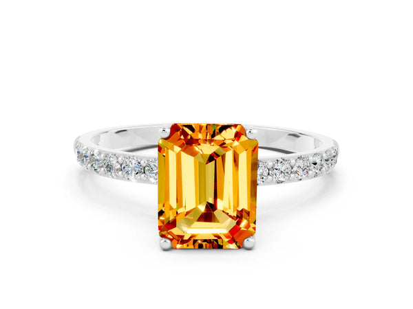 Silver Emerald Cut Citrine Solitaire Engagement Ring with Round  Pavé Band and Prong Setting