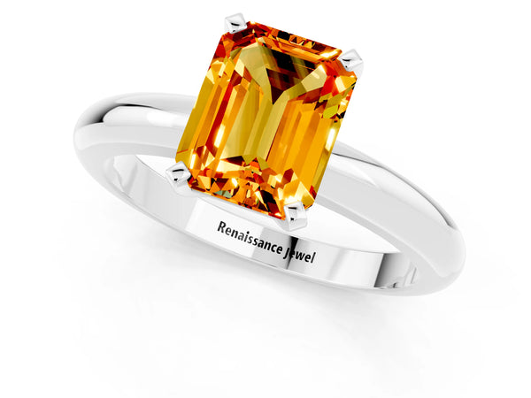 White gold Emerald Cut Citrine Solitaire Engagement Ring with Round Band and Four-Prong Setting