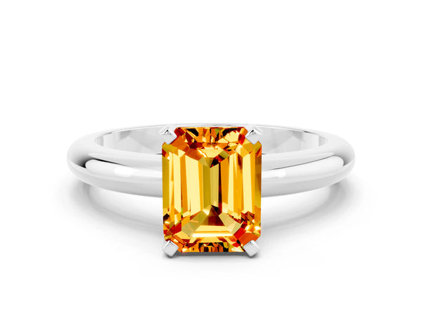 Silver Emerald Cut Citrine Solitaire Engagement Ring with Round Band and Four-Prong Setting