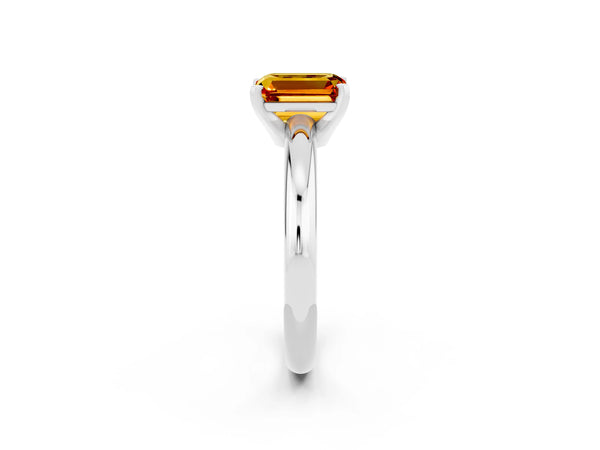 White gold Emerald Cut Citrine Solitaire Engagement Ring with Round Band and Four-Prong Setting