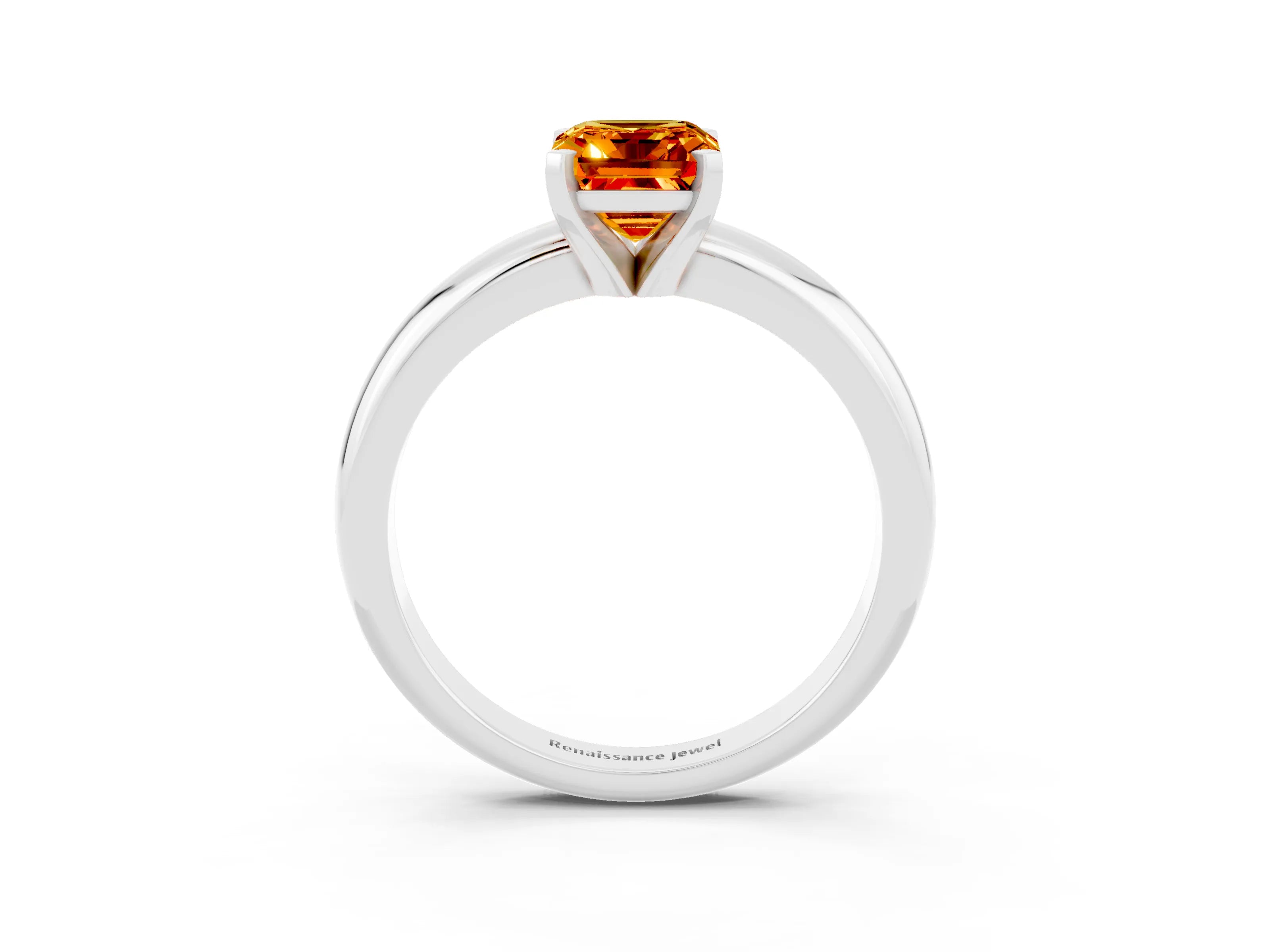 White gold Emerald Cut Citrine Solitaire Engagement Ring with Round Band and Four-Prong Setting_3