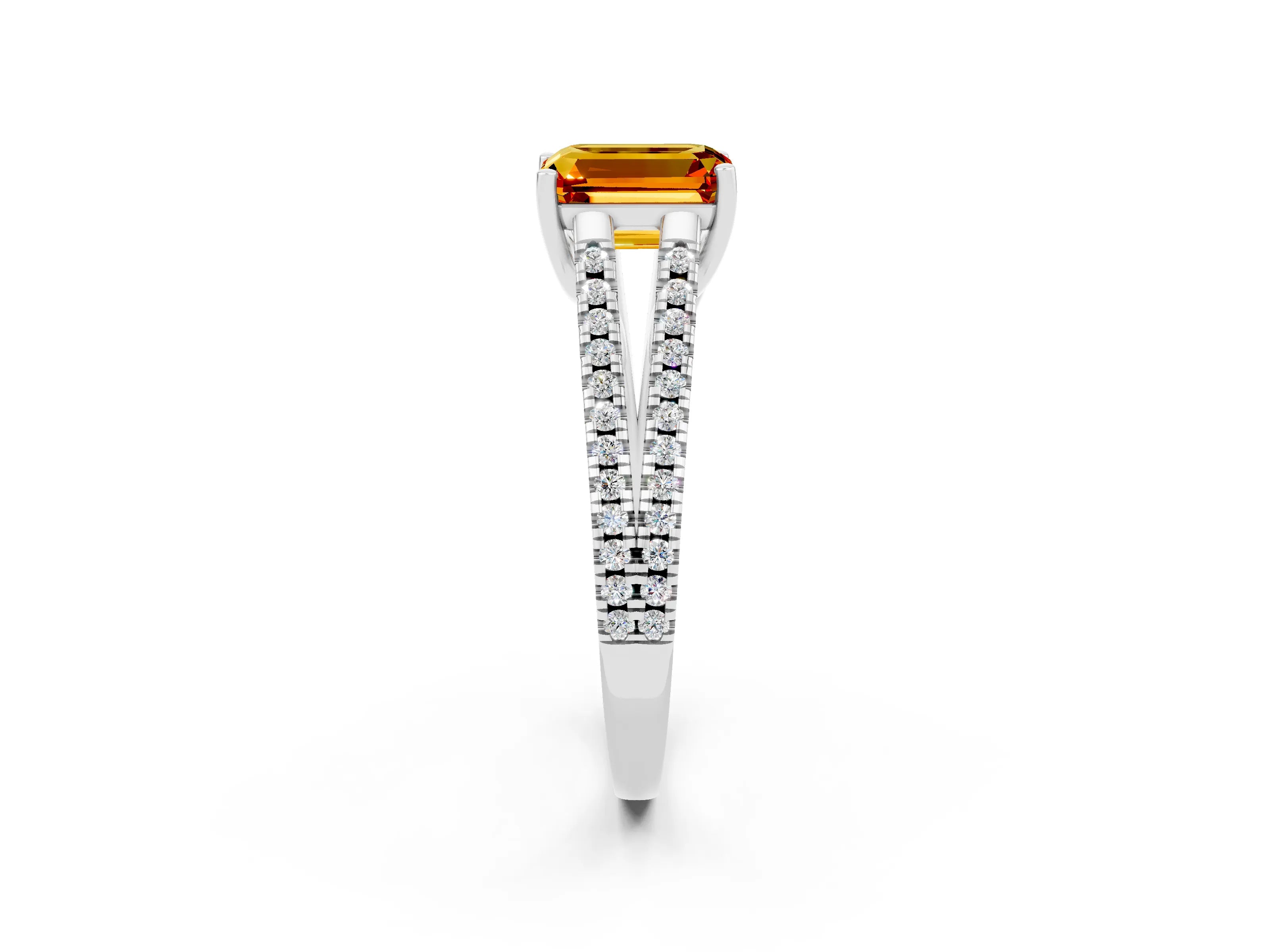 White gold Emerald Cut Citrine Solitaire Engagement Ring with Split Shank Pavé Band_2
