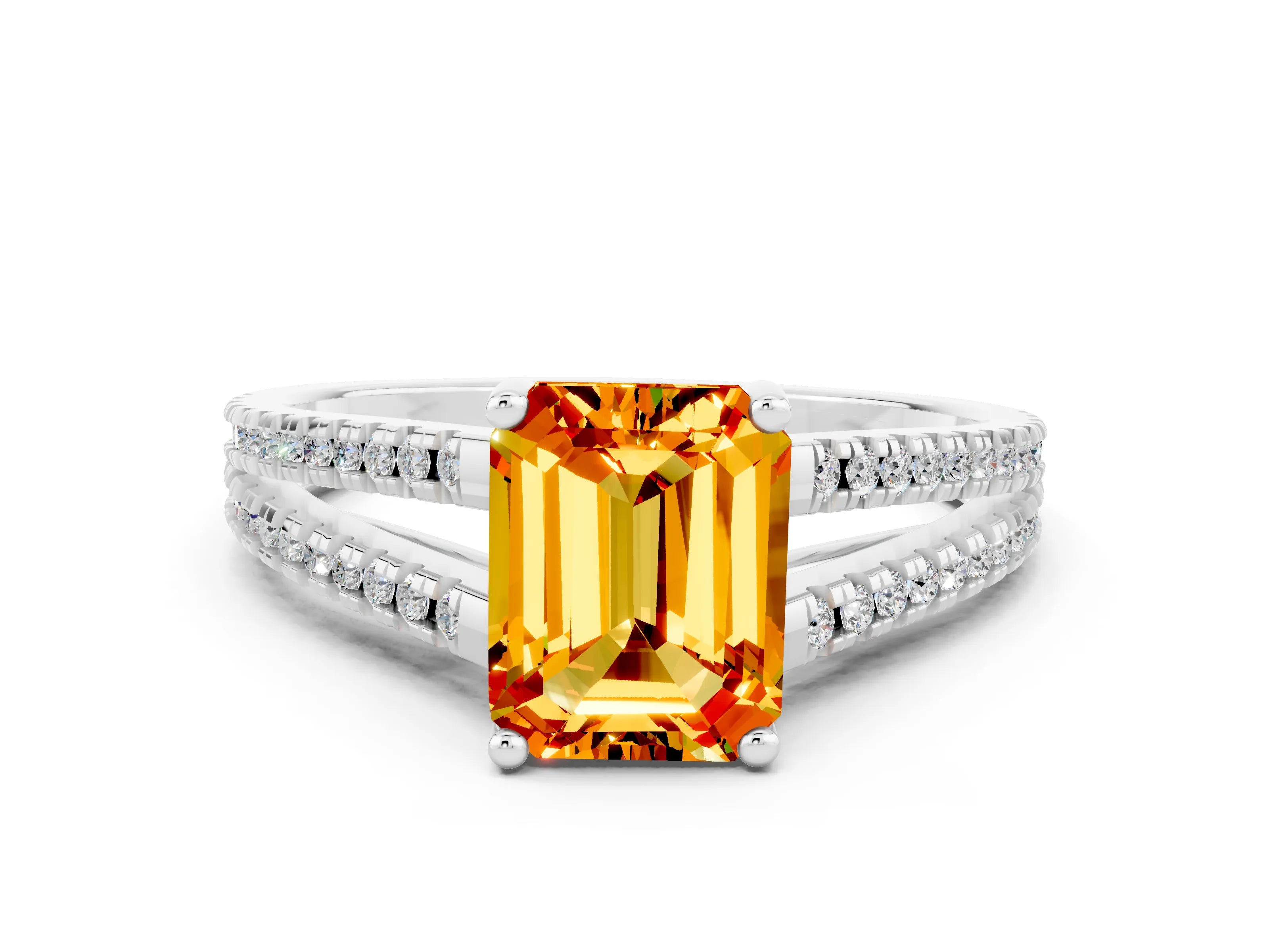 White gold Emerald Cut Citrine Solitaire Engagement Ring with Split Shank Pavé Band