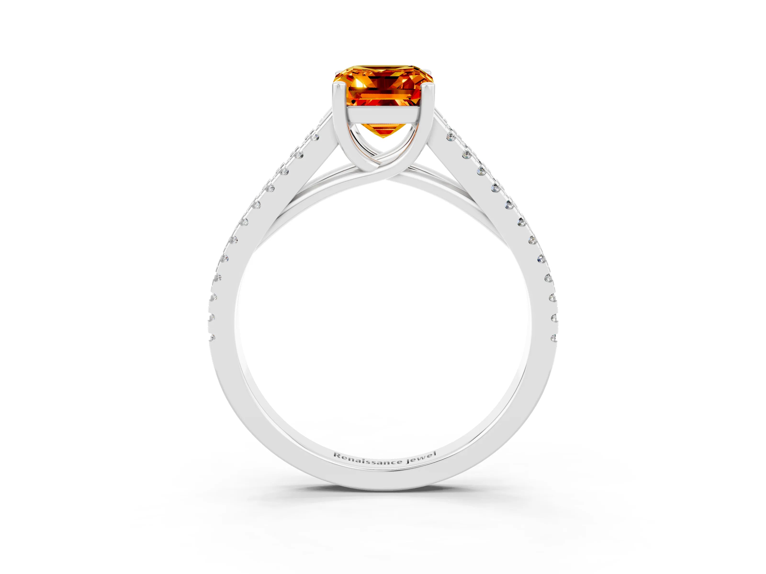 White gold Emerald Cut Citrine Solitaire Engagement Ring with Split Shank Pavé Band_3