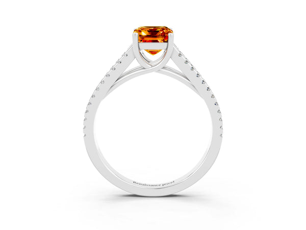 White gold Emerald Cut Citrine Solitaire Engagement Ring with Split Shank Pavé Band
