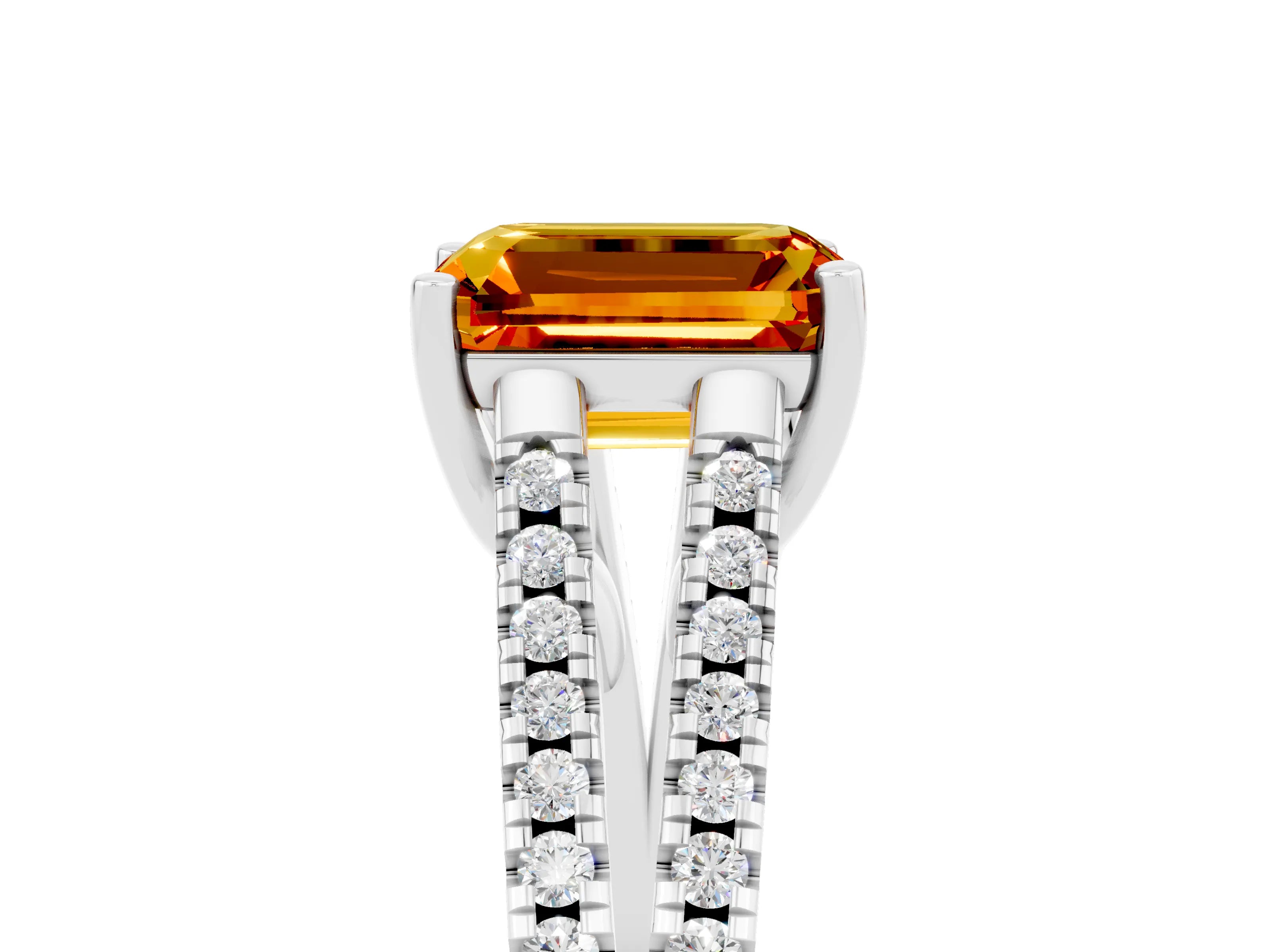 White gold Emerald Cut Citrine Solitaire Engagement Ring with Split Shank Pavé Band_5