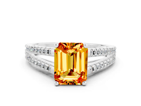 White gold Emerald Cut Citrine Solitaire Engagement Ring with Split Shank Pavé Band