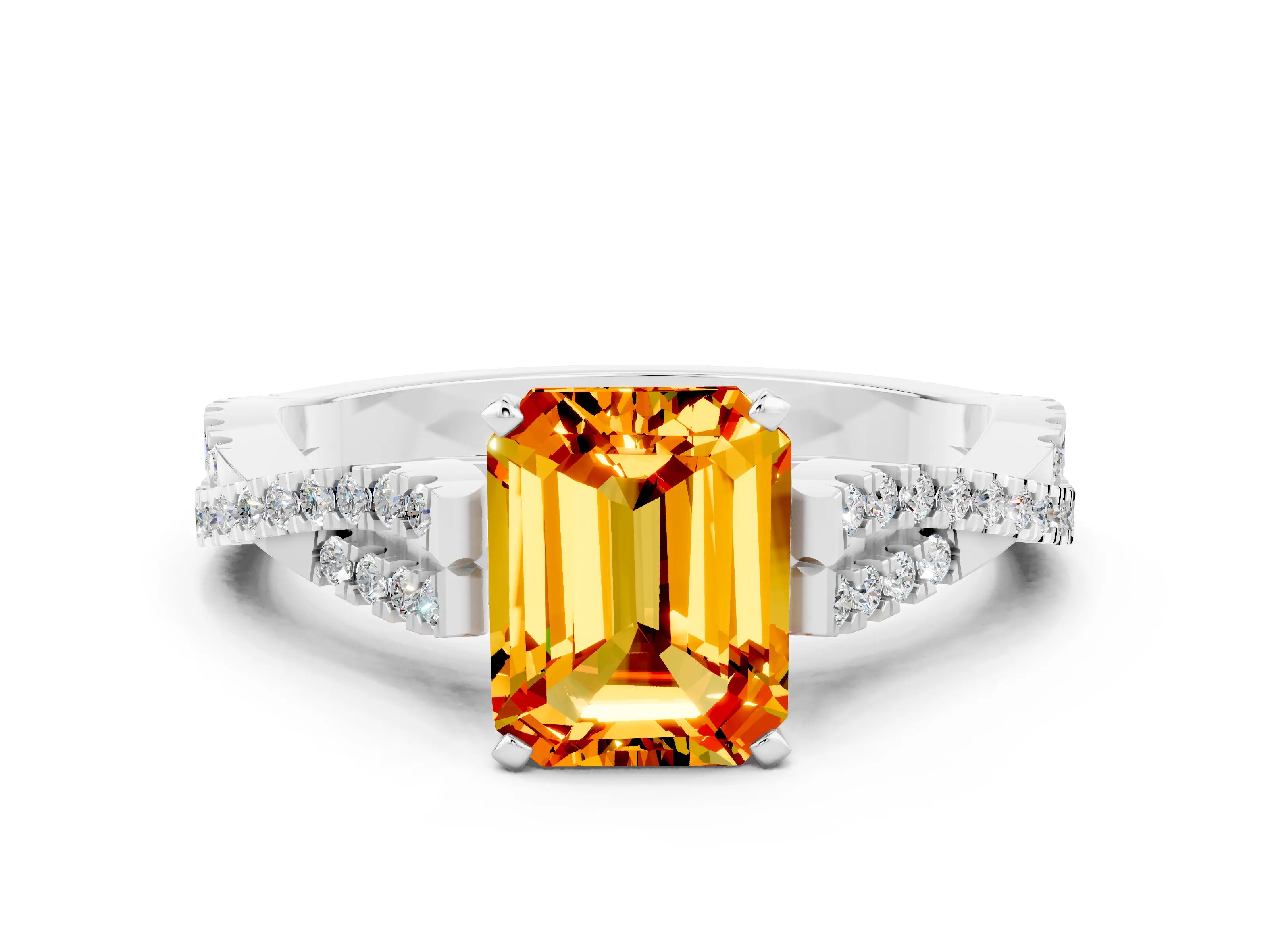 White gold Emerald Cut Citrine Solitaire Engagement Ring with Twisted Pavé Band and Four-Prong Setting