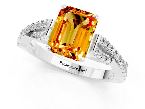 White gold Emerald Cut Citrine Solitaire Engagement Ring with Twisted Pavé Band and Four-Prong Setting_1
