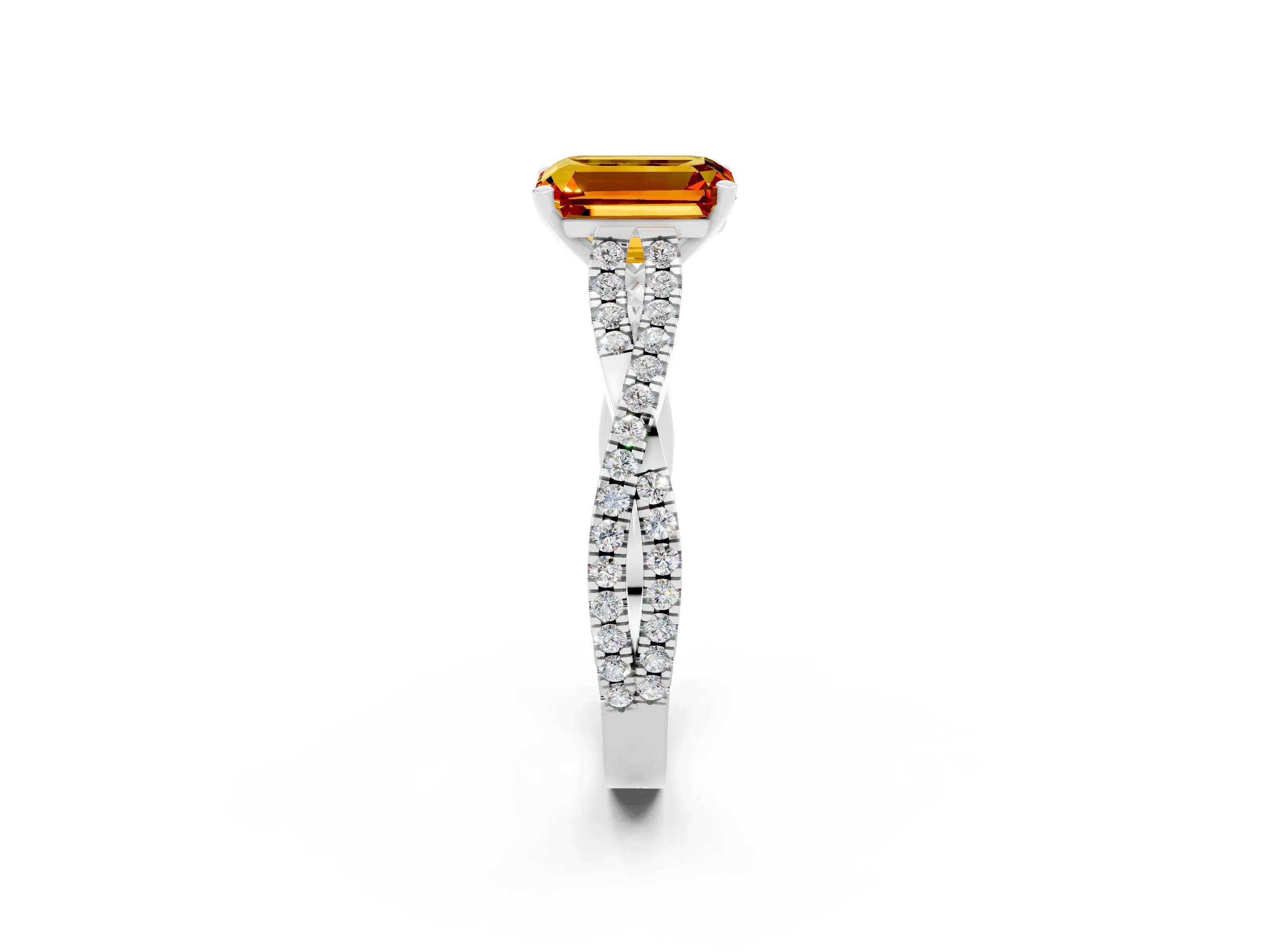 White gold Emerald Cut Citrine Solitaire Engagement Ring with Twisted Pavé Band and Four-Prong Setting_2