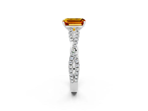 White gold Emerald Cut Citrine Solitaire Engagement Ring with Twisted Pavé Band and Four-Prong Setting_2