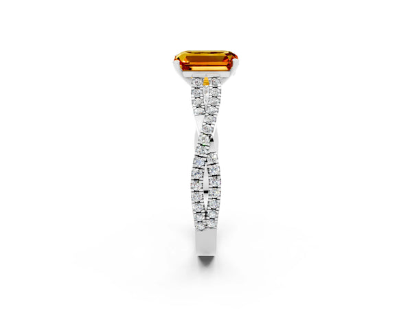 Silver Emerald Cut Citrine Solitaire Engagement Ring with Twisted Pavé Band and Four-Prong Setting