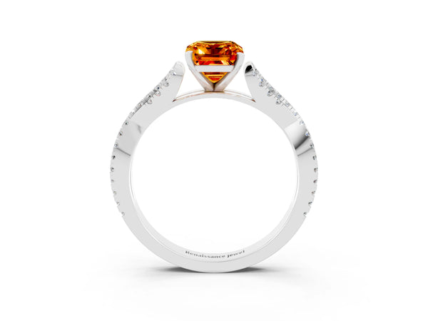 Platinum Emerald Cut Citrine Solitaire Engagement Ring with Twisted Pavé Band and Four-Prong Setting