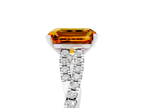 White gold Emerald Cut Citrine Solitaire Engagement Ring with Twisted Pavé Band and Four-Prong Setting_5