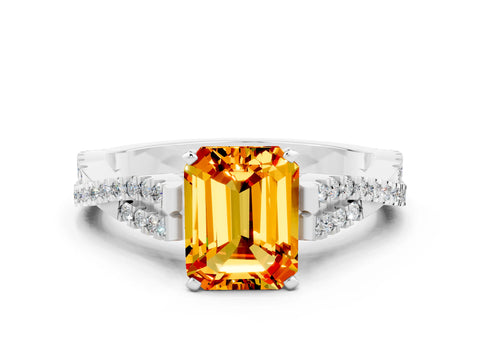 White gold Emerald Cut Citrine Solitaire Engagement Ring with Twisted Pavé Band and Four-Prong Setting