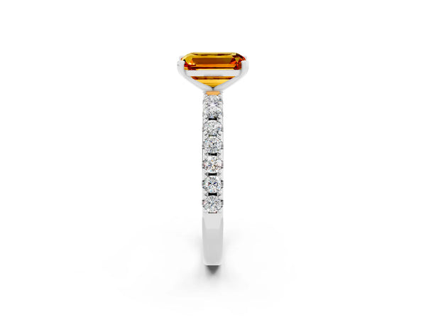 White gold Emerald Cut Citrine Solitaire Pavé Band with Four-Prong Setting