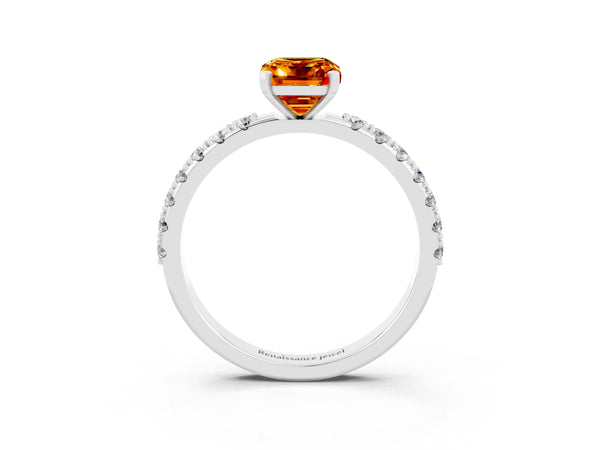 Platinum Emerald Cut Citrine Solitaire Pavé Band with Four-Prong Setting
