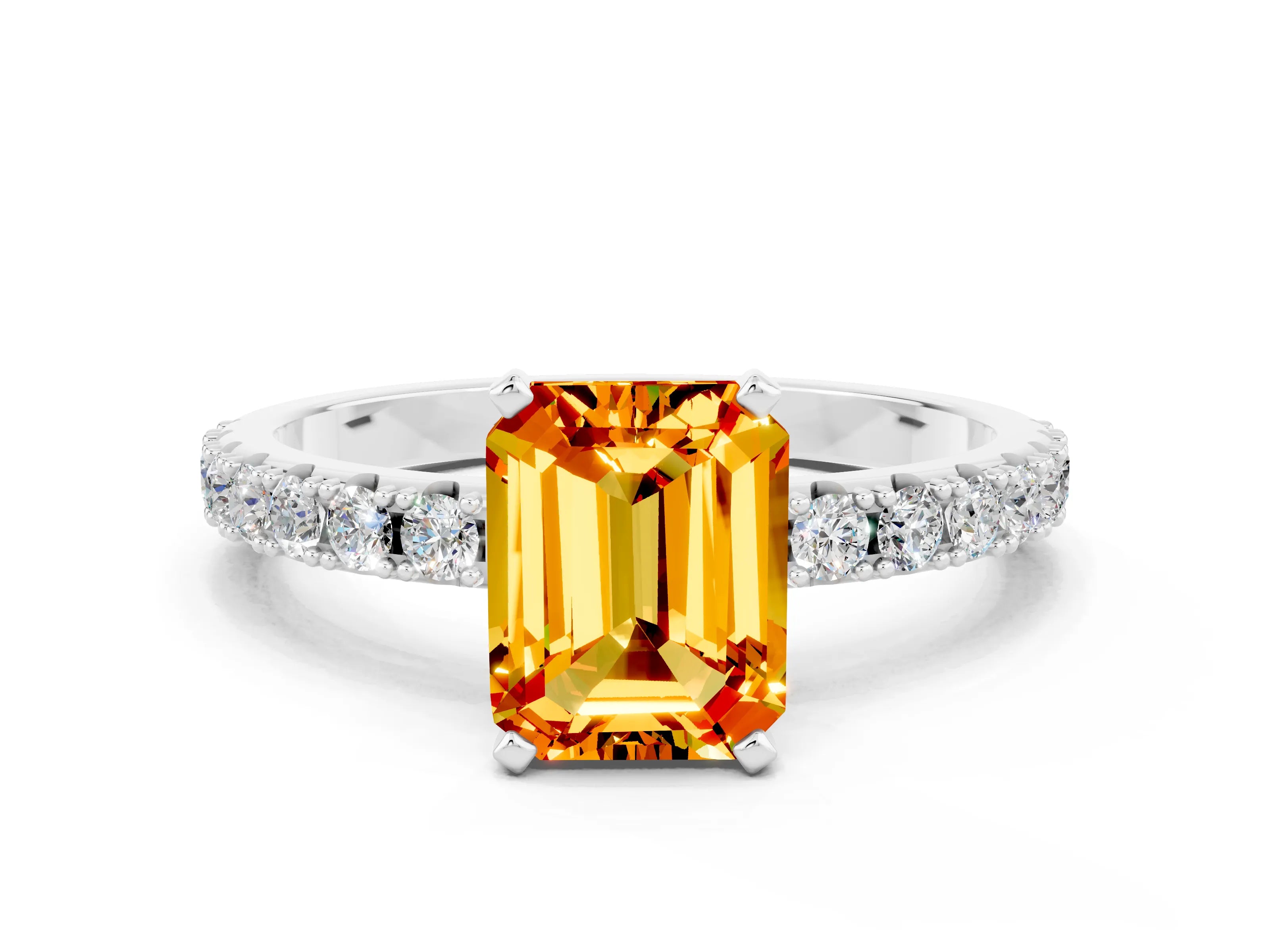 White gold Emerald Cut Citrine Solitaire Pavé Band with Four-Prong Setting
